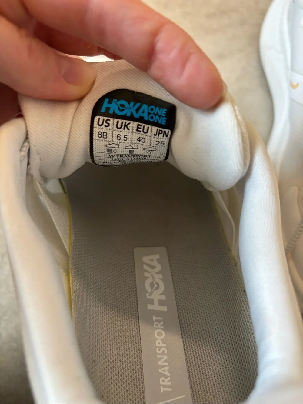 Hoka Transport White and Tan Athletic Sneakers